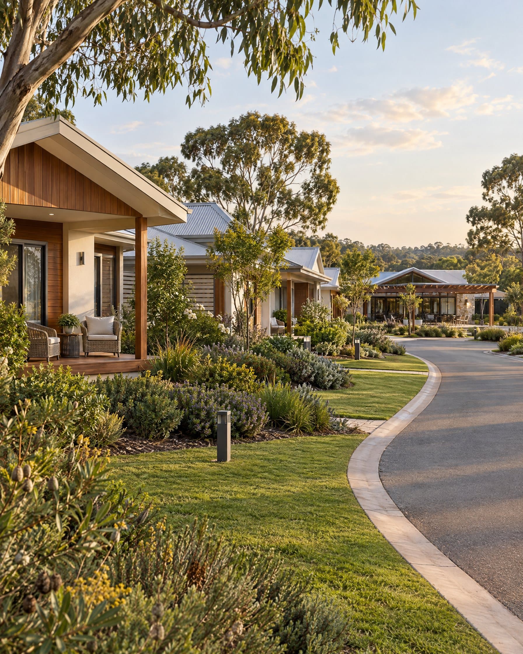 A quiet street of single-storey homes with verandahs and established gardens, with a shared clubhouse beyond.