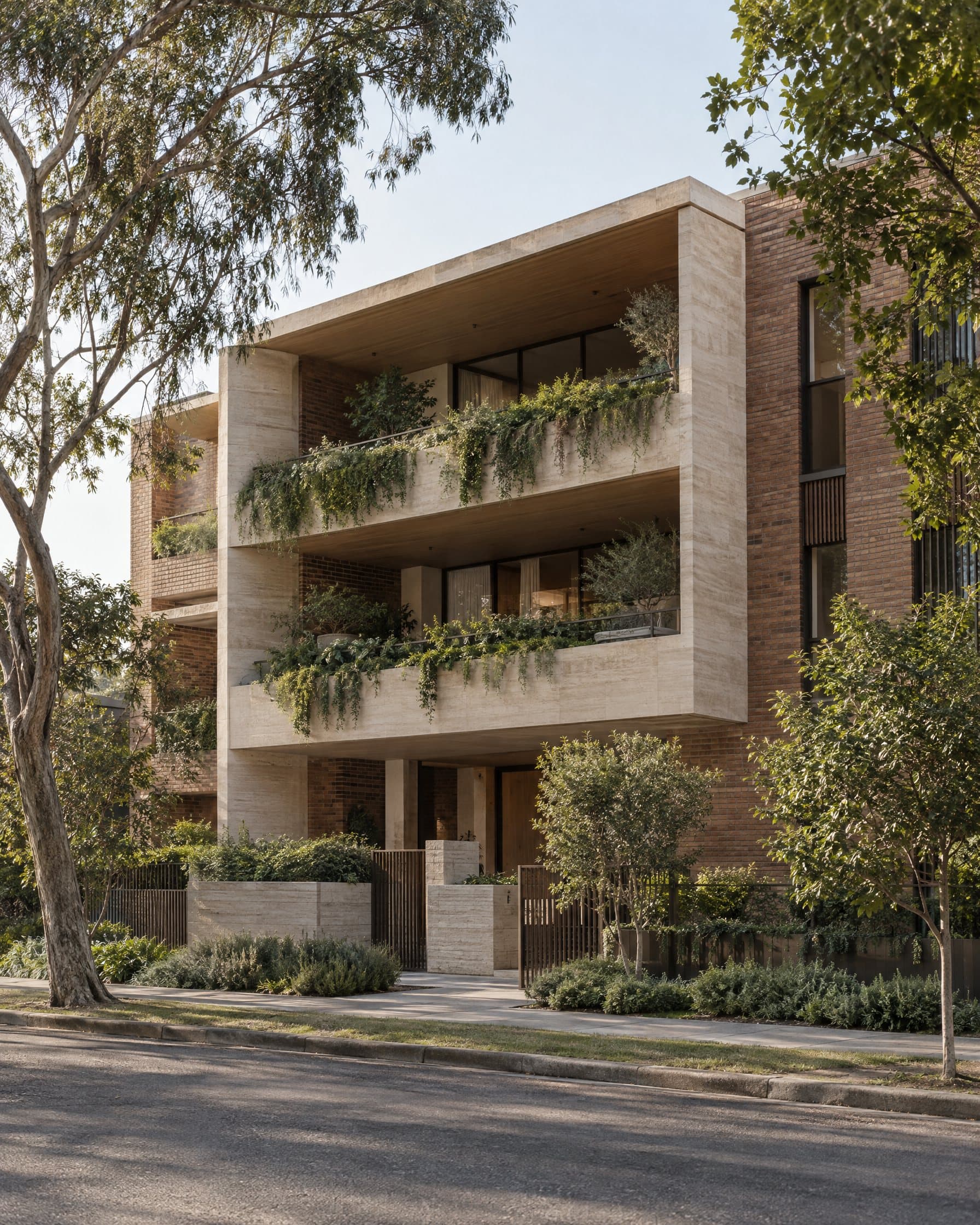 A contemporary residential building in travertine and brick with planted balconies, in morning light.
