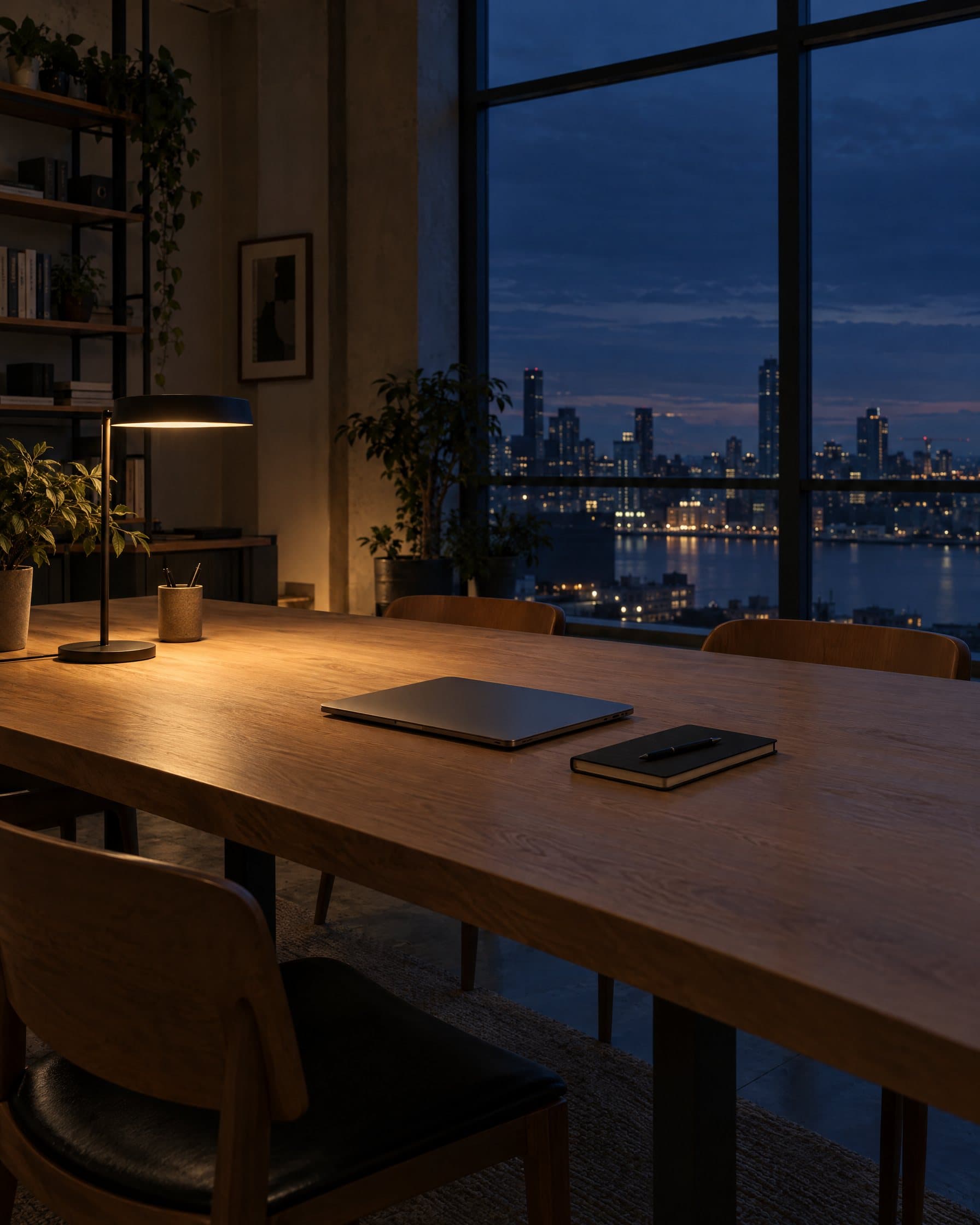 A quiet studio at dusk with an oak table, a closed laptop and a city skyline beyond the window.